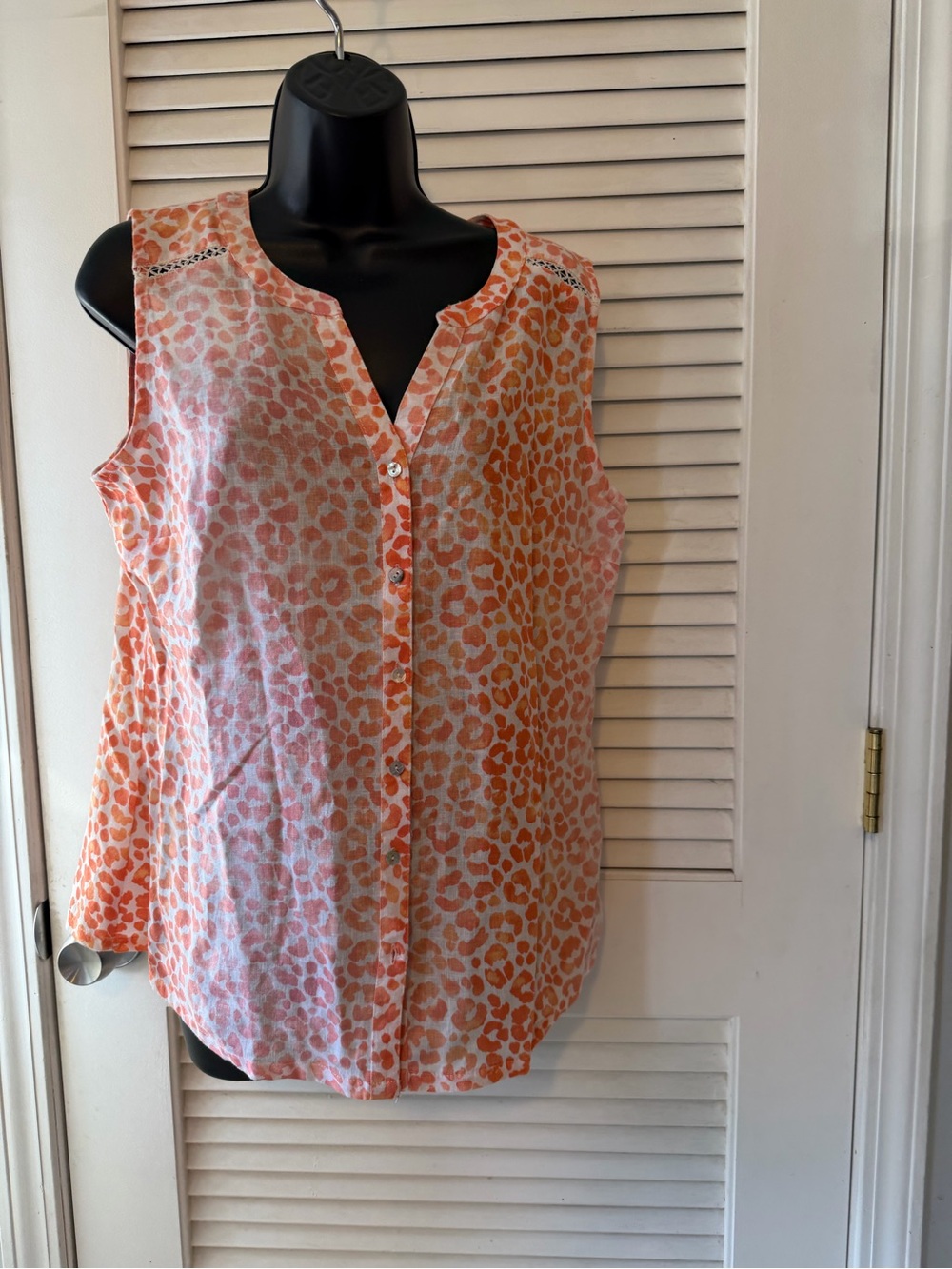 Coral Bay Orange and White Leopard-Print Sleeveless Button Front Top